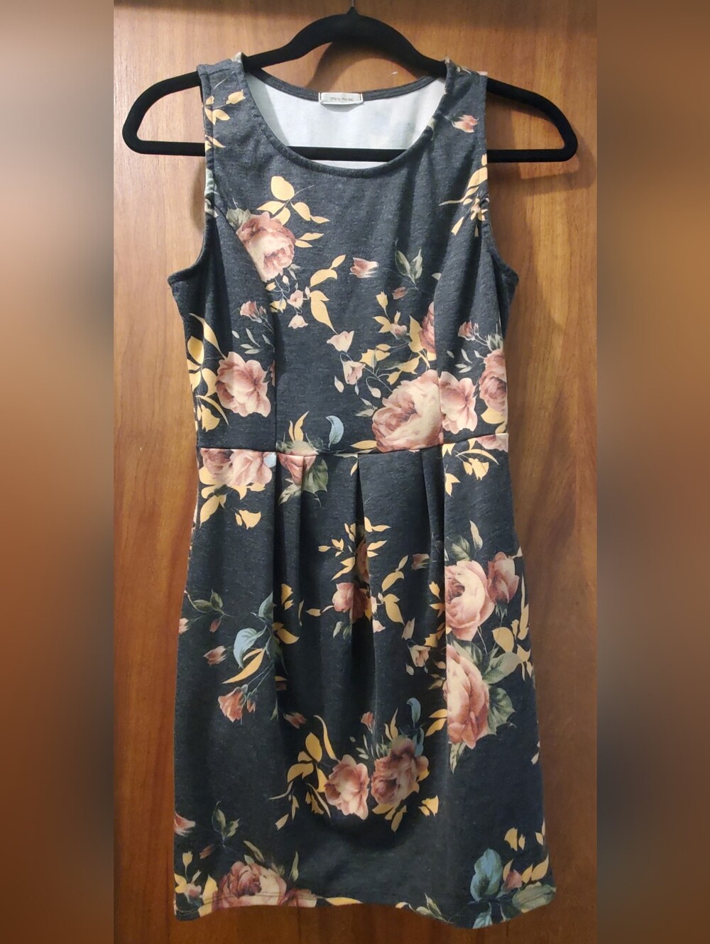 12 Pm By Mon Ami Dark Charcoal Floral Midi Dress with Blush Roses